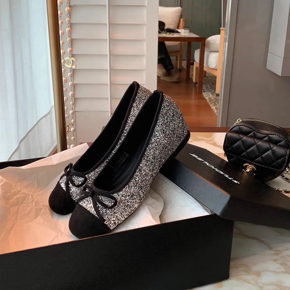 Ballerines classiques à semelle plate à paillettes argentées de style français pour femmes