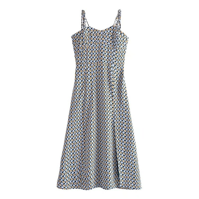 Robe mi-longue romantique à imprimé géométrique bleu, bretelles spaghetti, style rétro, laçage, fente latérale, robe de vacances