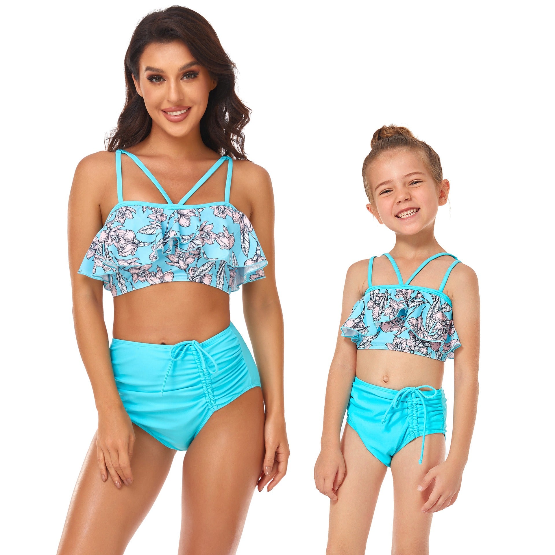 Maillot de bain taille haute mère et fille, avec cordon de serrage et volants, doublé, pour parents et enfants
