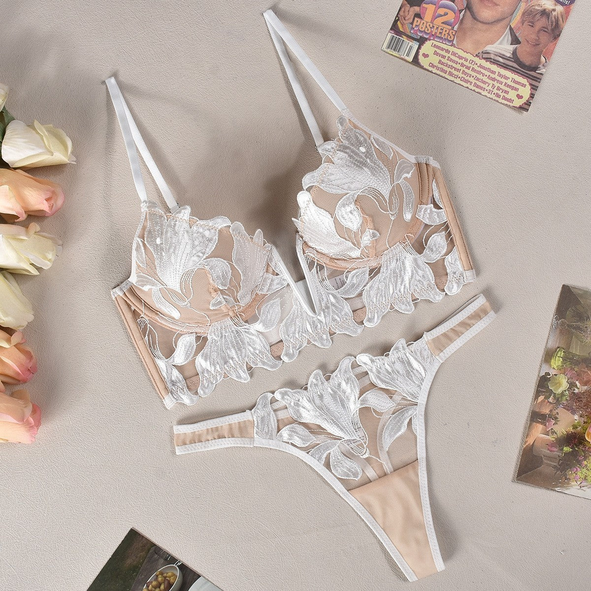 Ensemble de lingerie sexy en dentelle brodée en V profond ultra-mince pour femmes, soutien-gorge grande taille
