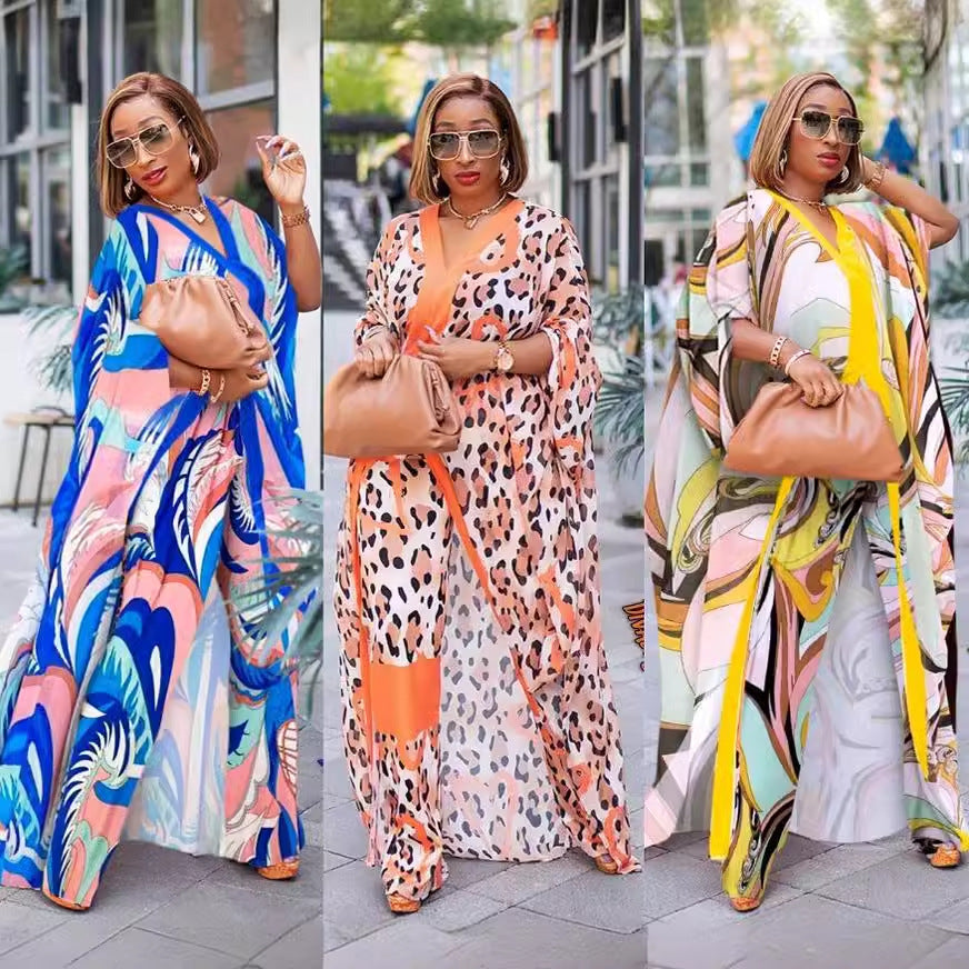 Ensemble deux pièces cardigan en mousseline de soie et pantalon ample, robe africaine