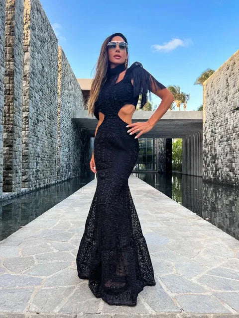 Robe longue sexy en dentelle blanche pour femme, col roulé, manches à pompons, taille fine, ajourée, pour la plage, été