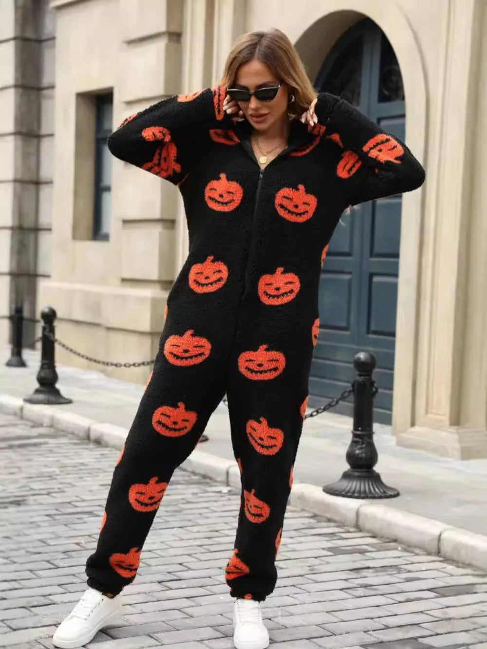 Pumpkin Half Zip Hooded Jumpsuit