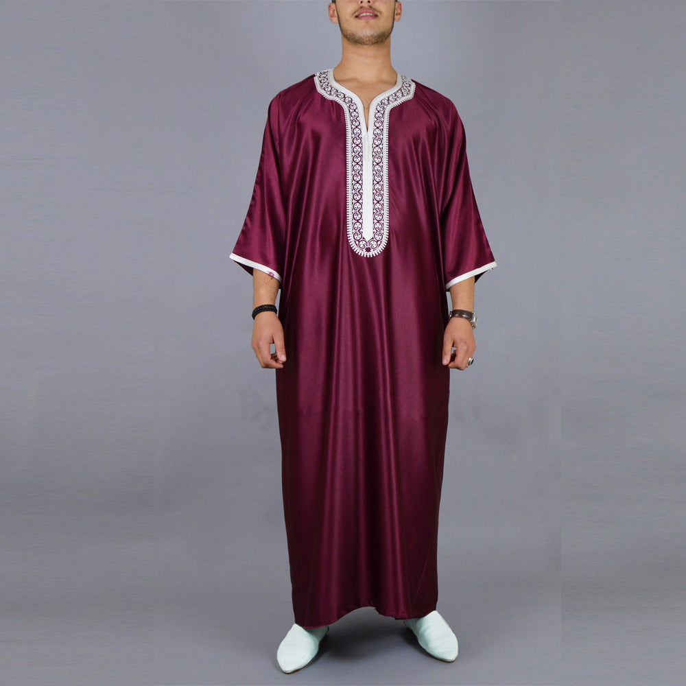 Robe Qamis à manches longues pour homme, style arabe du Moyen-Orient, brodée avec une enveloppe rouge