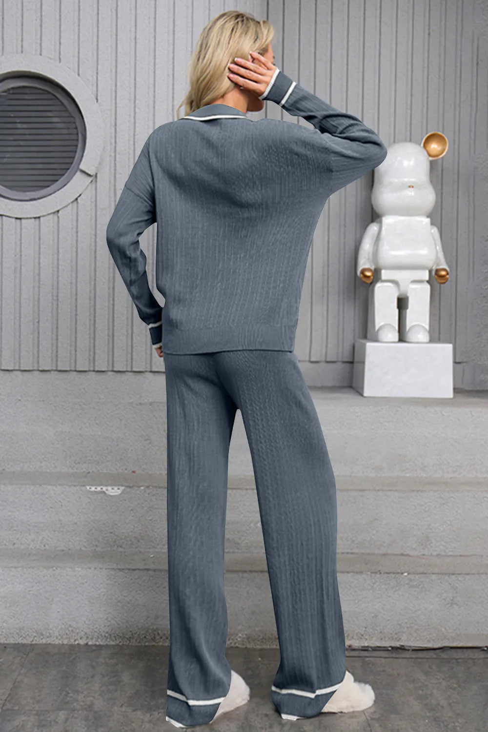 Ensemble pull-over à col Johnny et pantalon à cordon de serrage