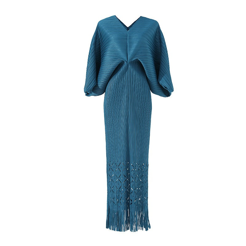 Robe de haute qualité solide designer col en V bureau travail dames maxi robes pour femmes manches chauve-souris élégante robe de soirée