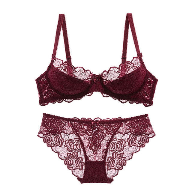 Ensemble de soutien-gorge sexy ultra-fin, grande taille, bonnet C et D, transparent, en dentelle brodée, gris