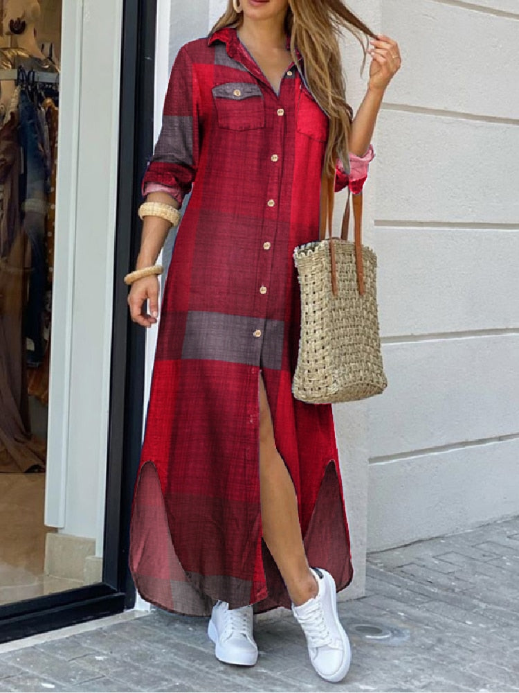 Robe à manches longues à carreaux, robe longue de plage, robe d'été élégante pour femmes, robe chemise longue boutonnée