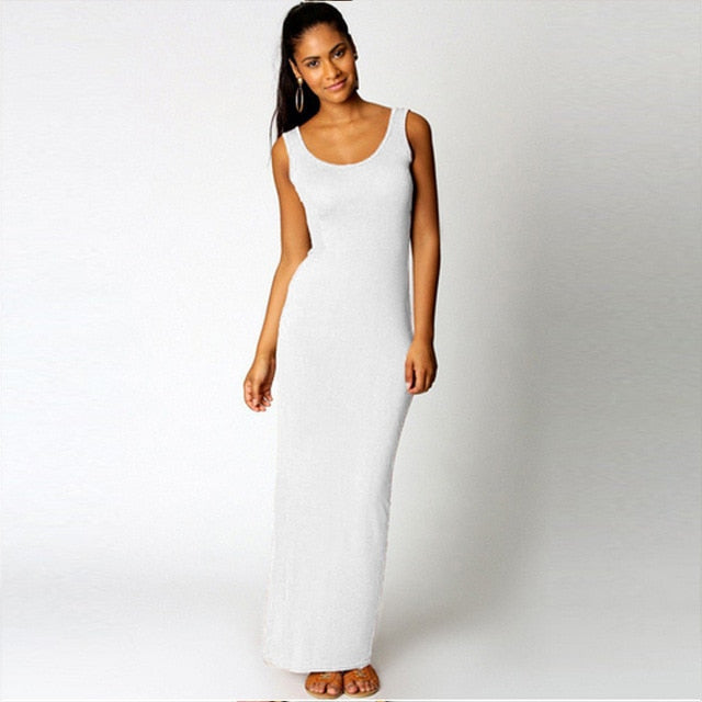 Robe simple, élégante et sexy pour femmes, col rond, sans manches, slim, maxi, très extensible, débardeur, printemps-été, robe longue fine