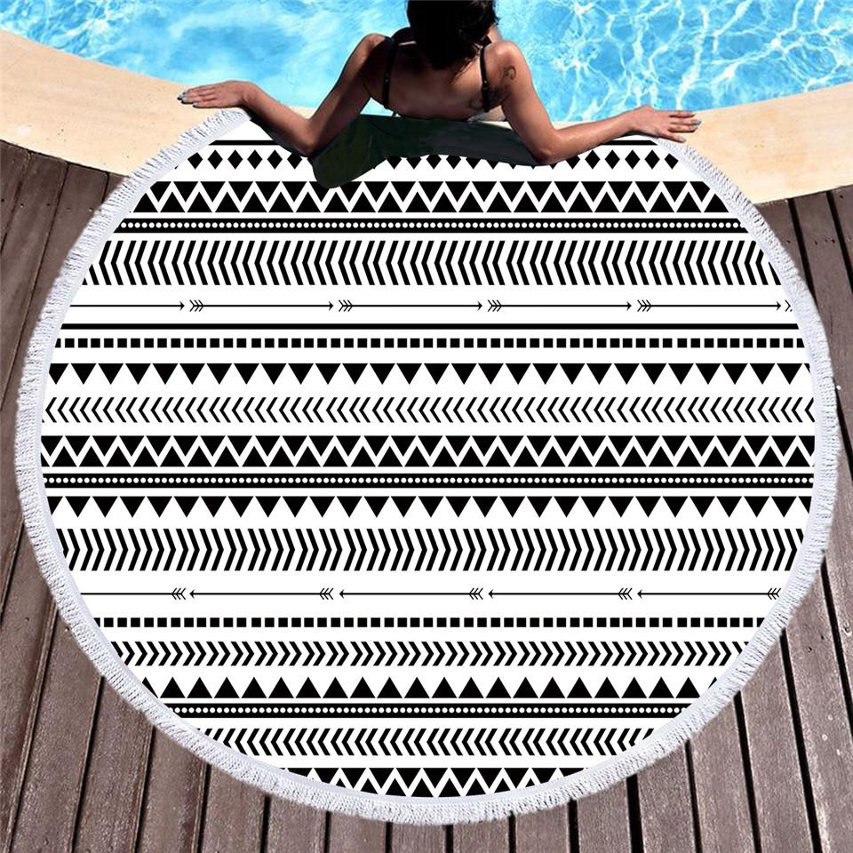 Serviette de plage ronde en microfibre pour adultes, serviette d'été à pompons, tapis de yoga, imprimée à la main, 150 cm