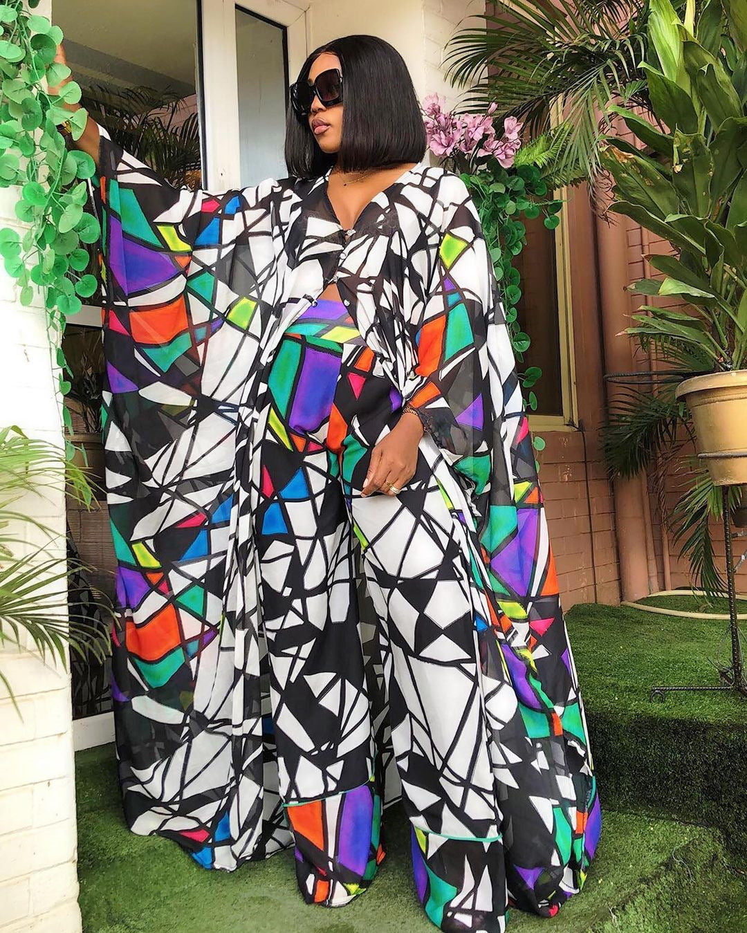Ensemble deux pièces cardigan en mousseline de soie et pantalon ample, robe africaine