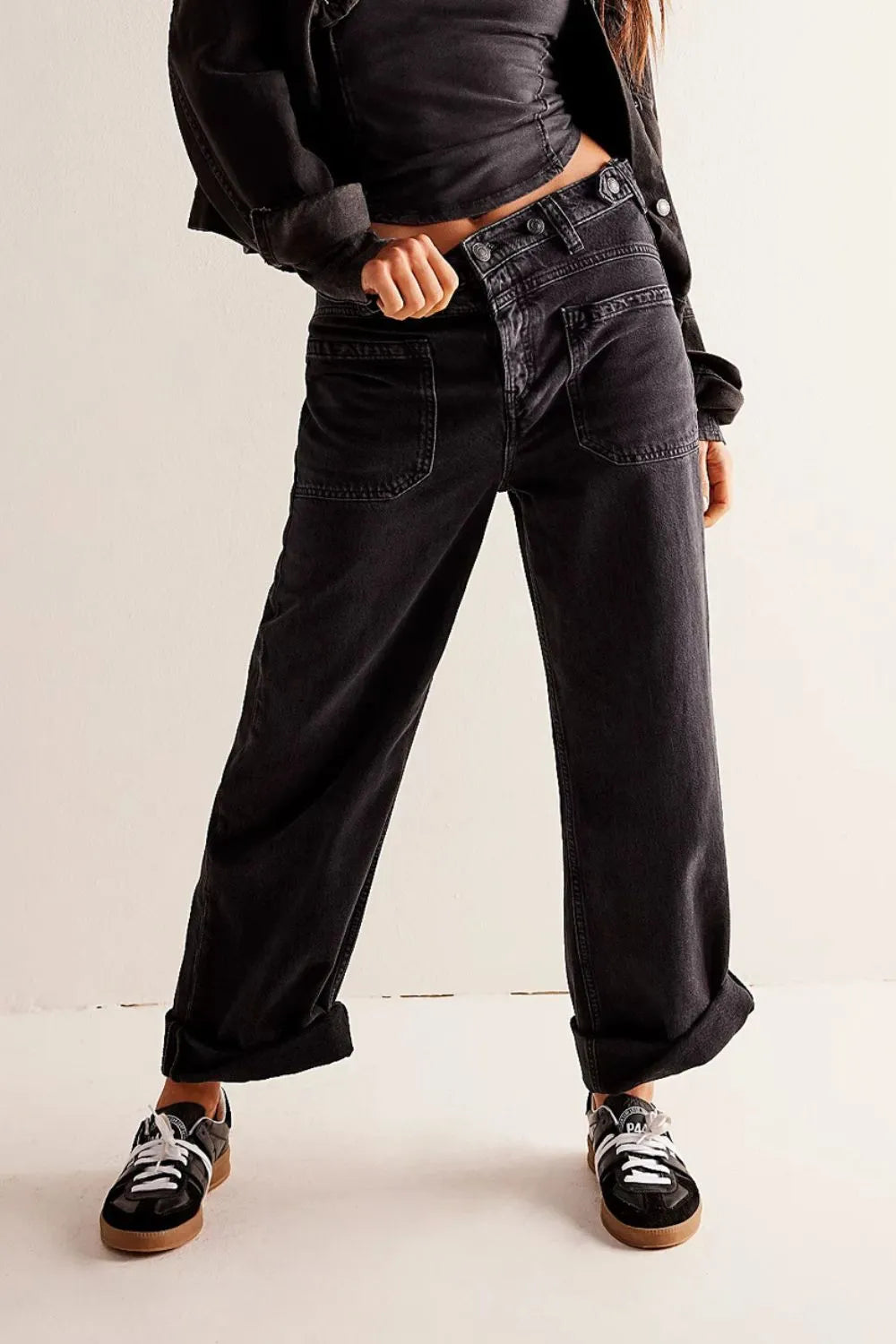Pantalon Jean large délavé avec poches