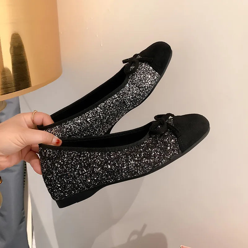 Ballerines classiques à semelle plate à paillettes argentées de style français pour femmes