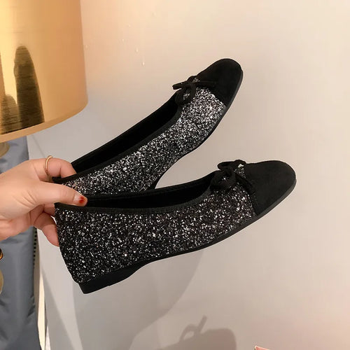 Ballerines classiques à semelle plate à paillettes argentées de style français pour femmes
