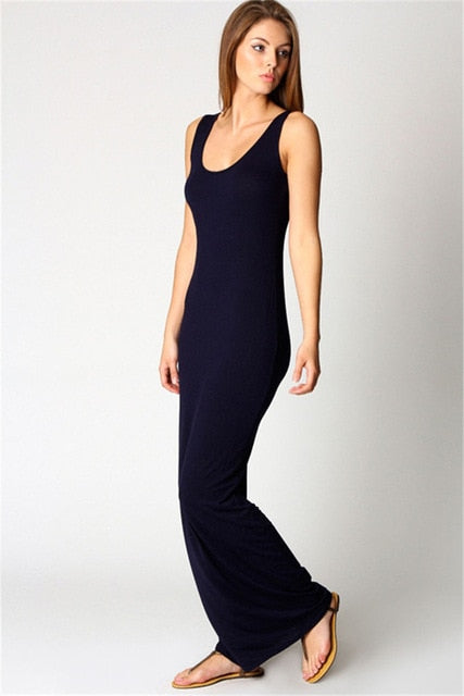 Robe simple, élégante et sexy pour femmes, col rond, sans manches, slim, maxi, très extensible, débardeur, printemps-été, robe longue fine