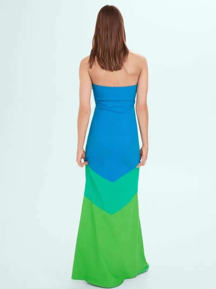 Robe bustier sexy sans manches pour femme, patchwork tie-dye, nœud noué, ajouré, longueur au sol, slim, tenue de soirée d'été