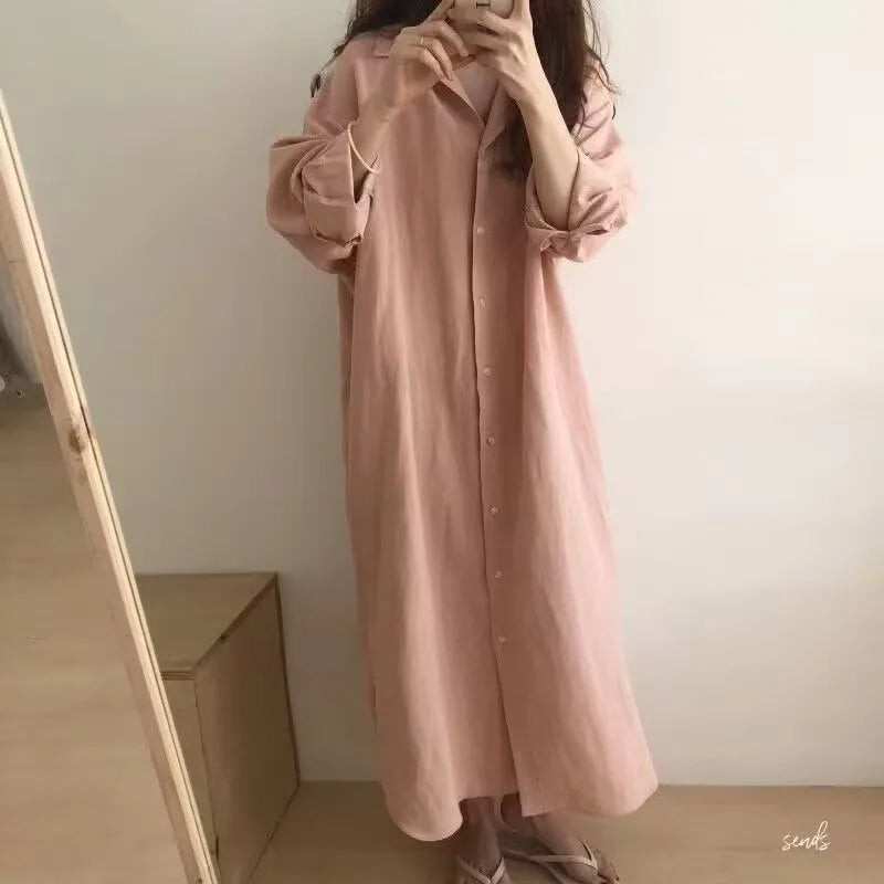 Robe chemise  mi-longue coton et lin à manches longues pour femme, décontractée, confortable, avec boutons blancs