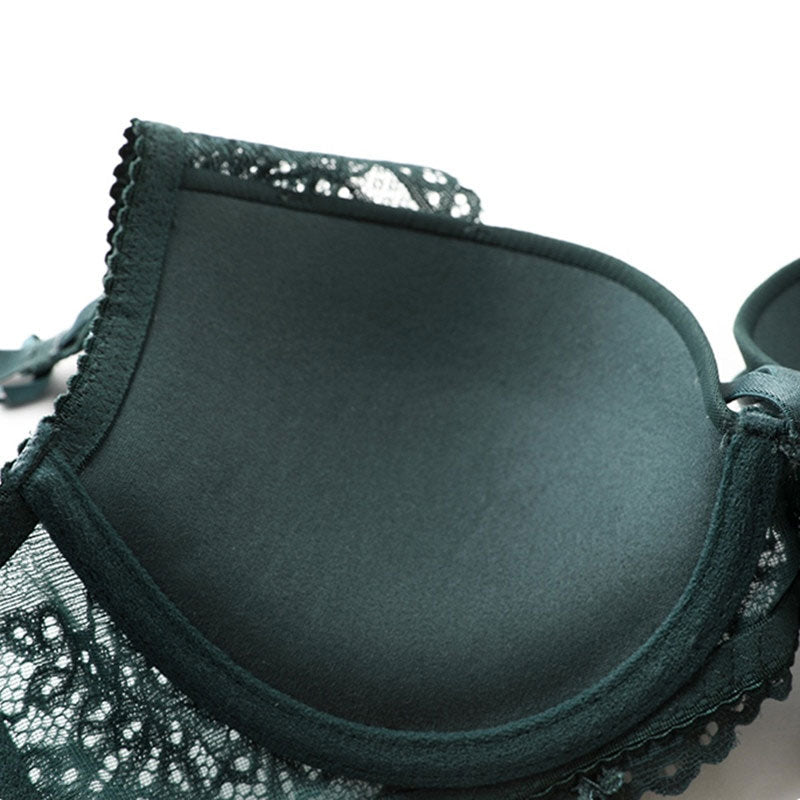 Ensemble de sous-vêtements verts pour femmes, soutien-gorge push-up, soutien-gorge en coton épais, noir, froncé, sexy, culotte, ensemble de lingerie en dentelle brodée