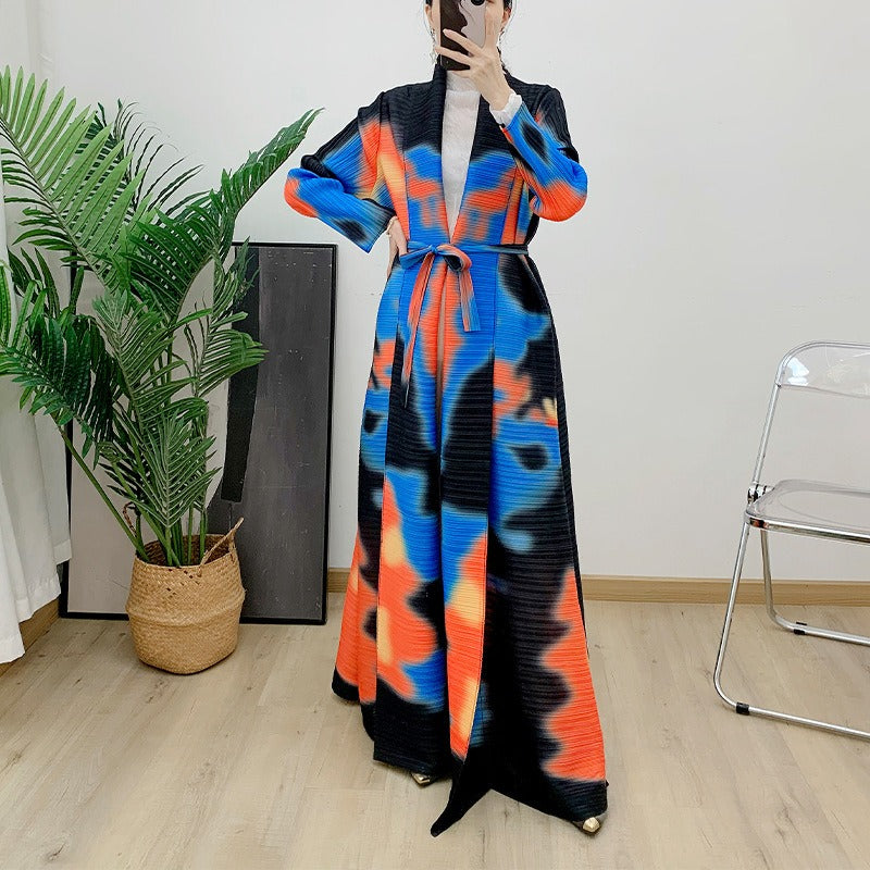 Robe cardigan plissée imprimée, robe à la mode, manteau polyvalent, jupe mi-longue rétro ample