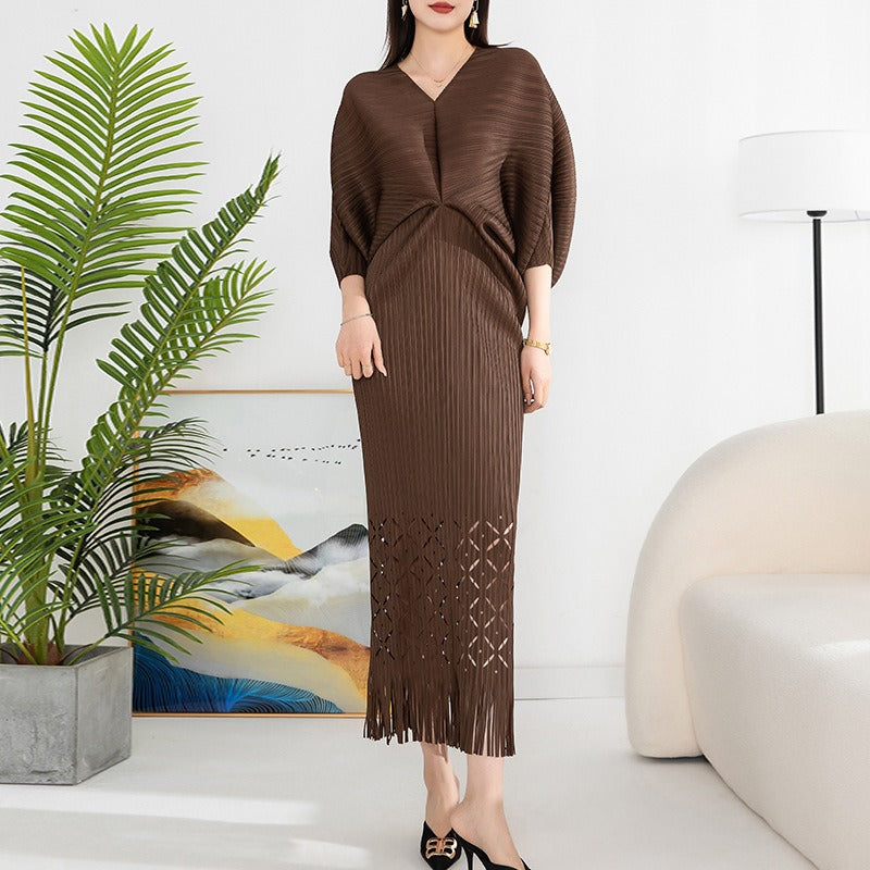 Robe de haute qualité solide designer col en V bureau travail dames maxi robes pour femmes manches chauve-souris élégante robe de soirée