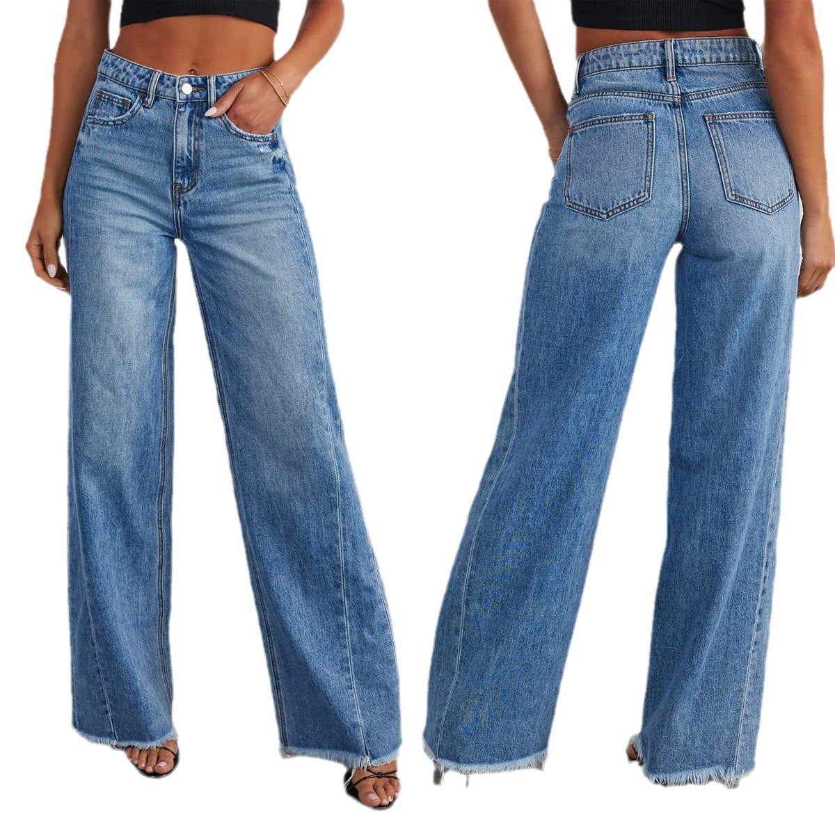 Pantalon Jean ample à jambes larges et ourlet brossé pour femme