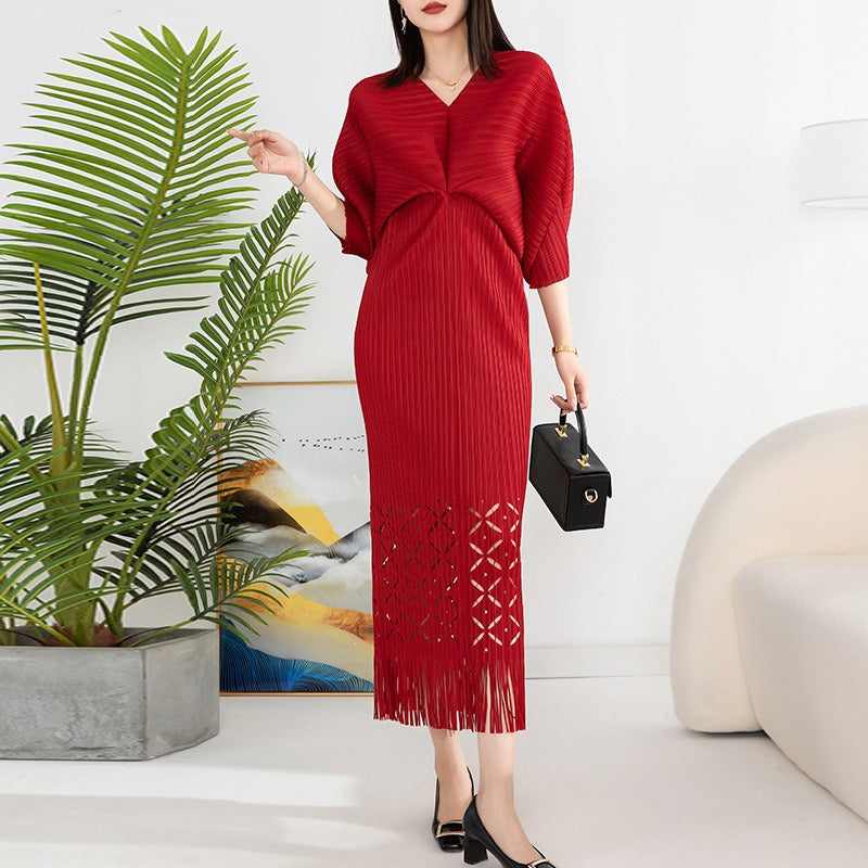 Robe de haute qualité solide designer col en V bureau travail dames maxi robes pour femmes manches chauve-souris élégante robe de soirée