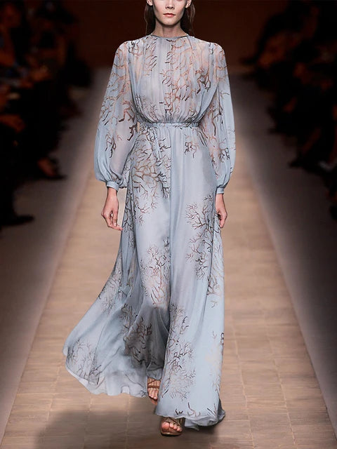 Robe d'été élégante pour femme, tenue de soirée élégante, taille haute, manches lanternes, bleu, impriméVestidos De Fiesta