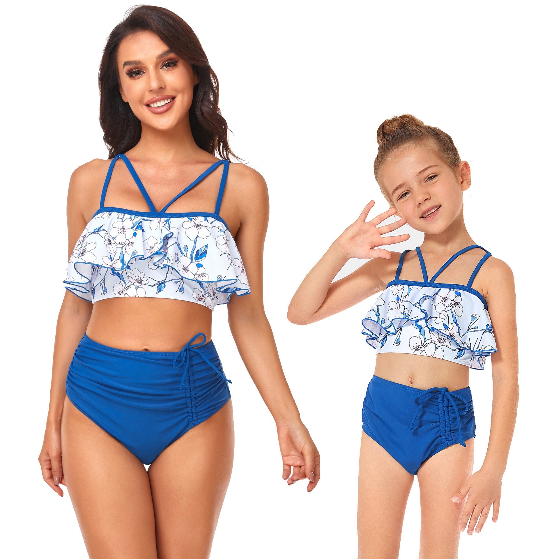 Maillot de bain taille haute mère et fille, avec cordon de serrage et volants, doublé, pour parents et enfants