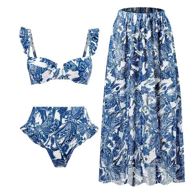 Maillot de bain bikini fendu imprimé vintage pour femme, ensemble sans bretelles, manches bouffantes, cache-maillot, jupe en mousseline de soie, pour la plage, piscine