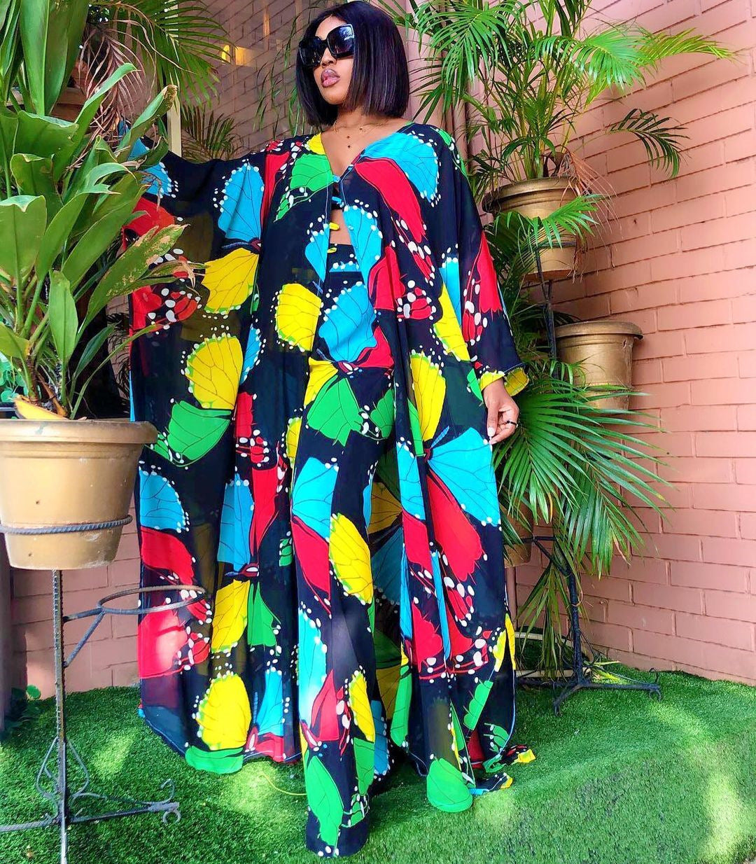 Ensemble deux pièces cardigan en mousseline de soie et pantalon ample, robe africaine