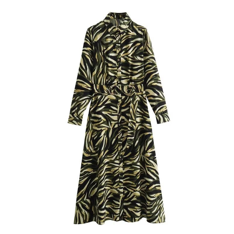 Robe mi-longue plissée ample à col rond et manches au poignet pour femme, style rétro d'automne, imprimée, décontractée
