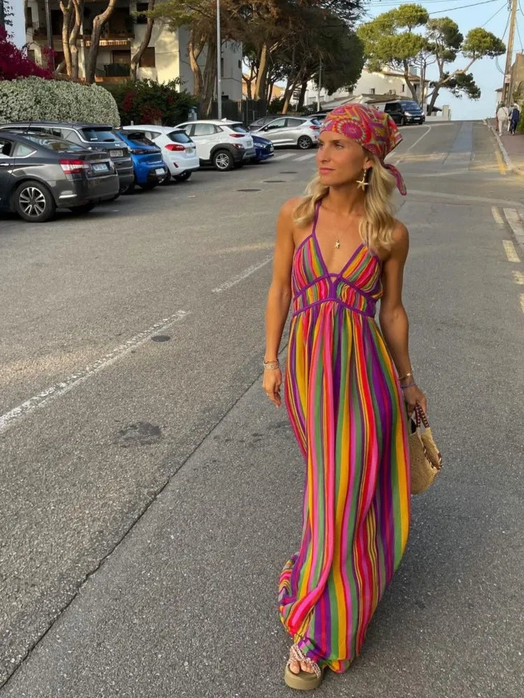 Robe longue à rayures et imprimé dos nu pour femme, épaules dénudées, col en V, sans manches, style bohème, tenue d'été pour la plage et les vacances
