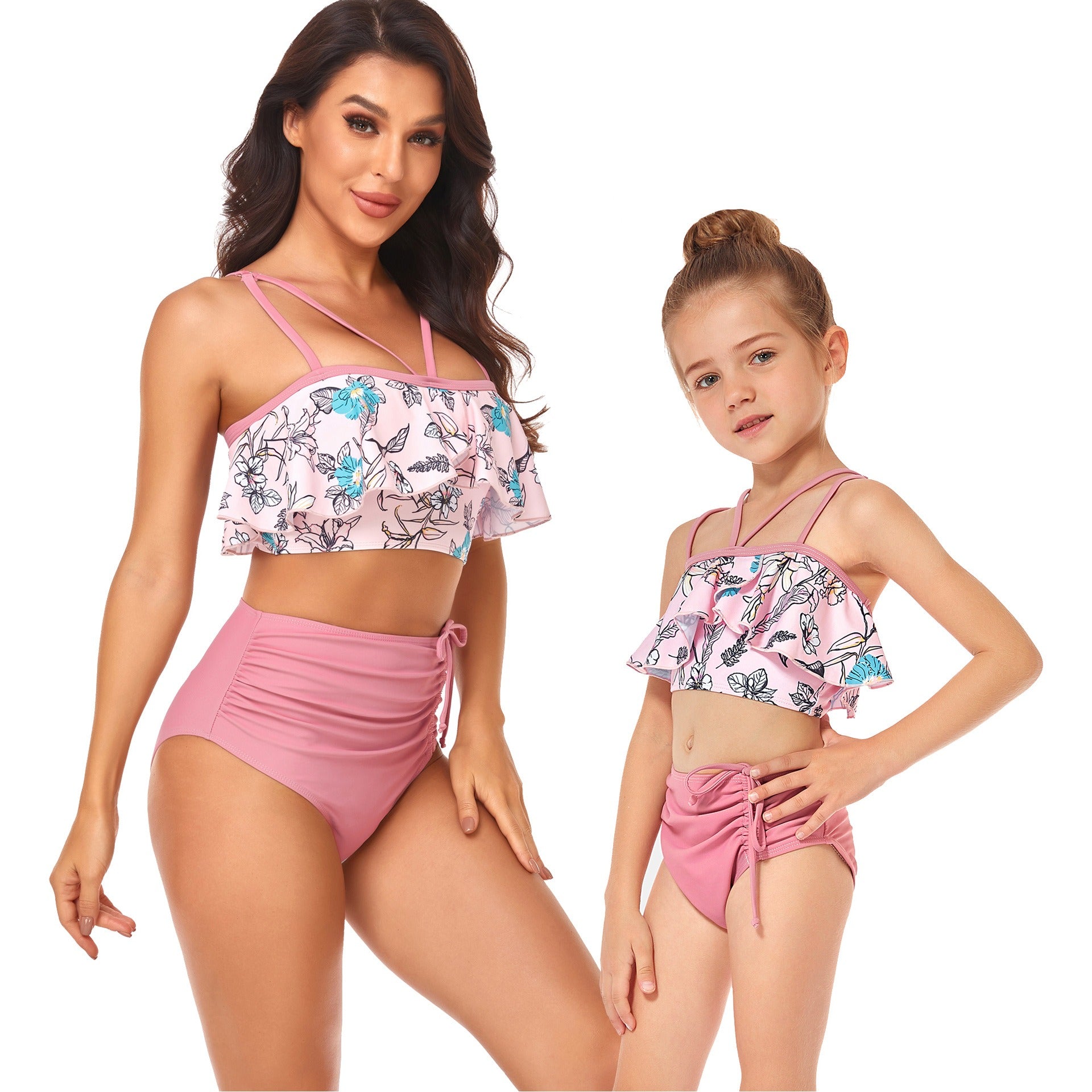 Maillot de bain taille haute mère et fille, avec cordon de serrage et volants, doublé, pour parents et enfants