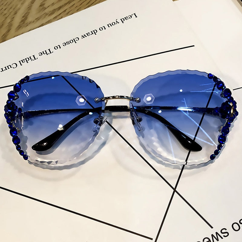 Lunettes de soleil tendance sans monture pour femmes, verres solaires de luxe à strass, style vintage, verres scintillants, verres UV400