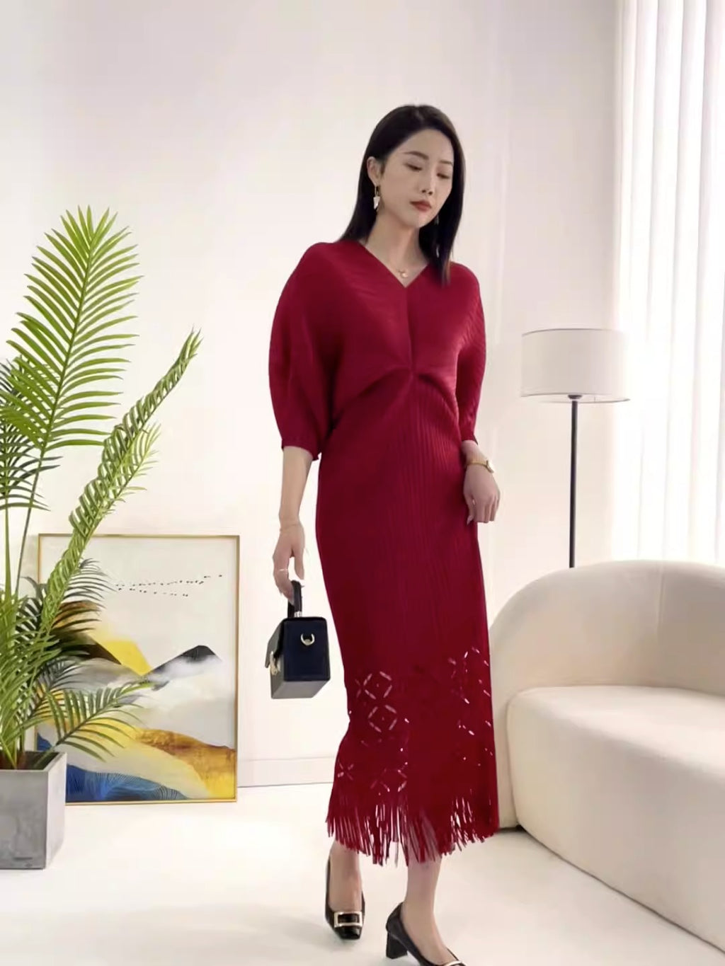 Robe de haute qualité solide designer col en V bureau travail dames maxi robes pour femmes manches chauve-souris élégante robe de soirée