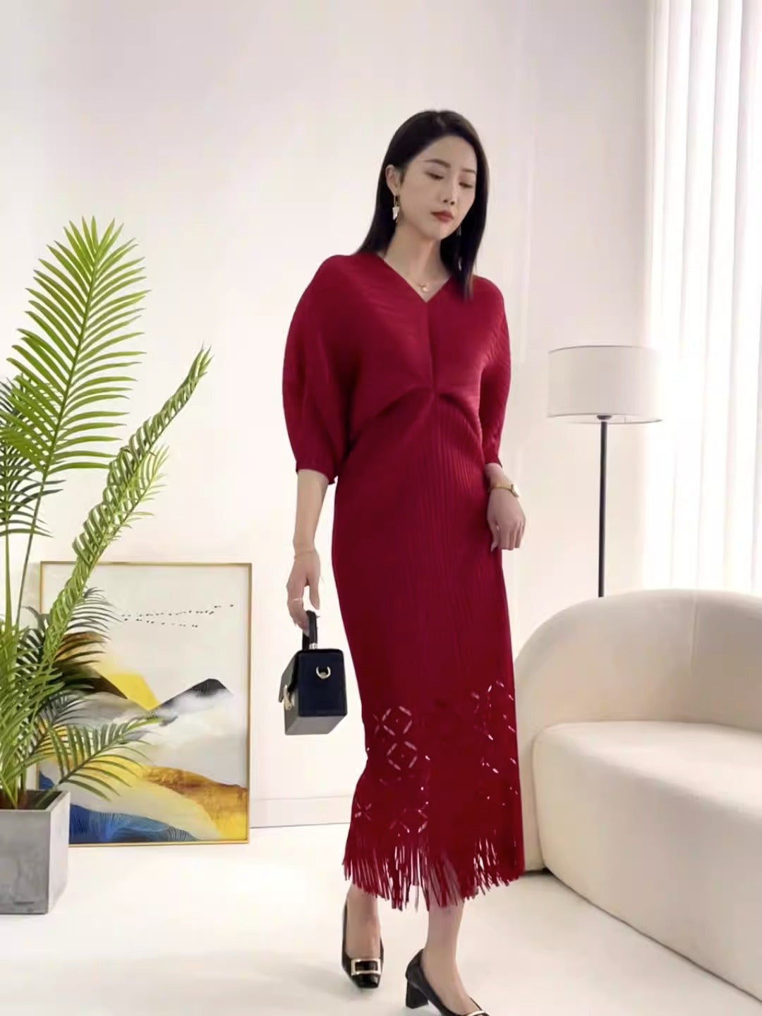 Robe de haute qualité solide designer col en V bureau travail dames maxi robes pour femmes manches chauve-souris élégante robe de soirée