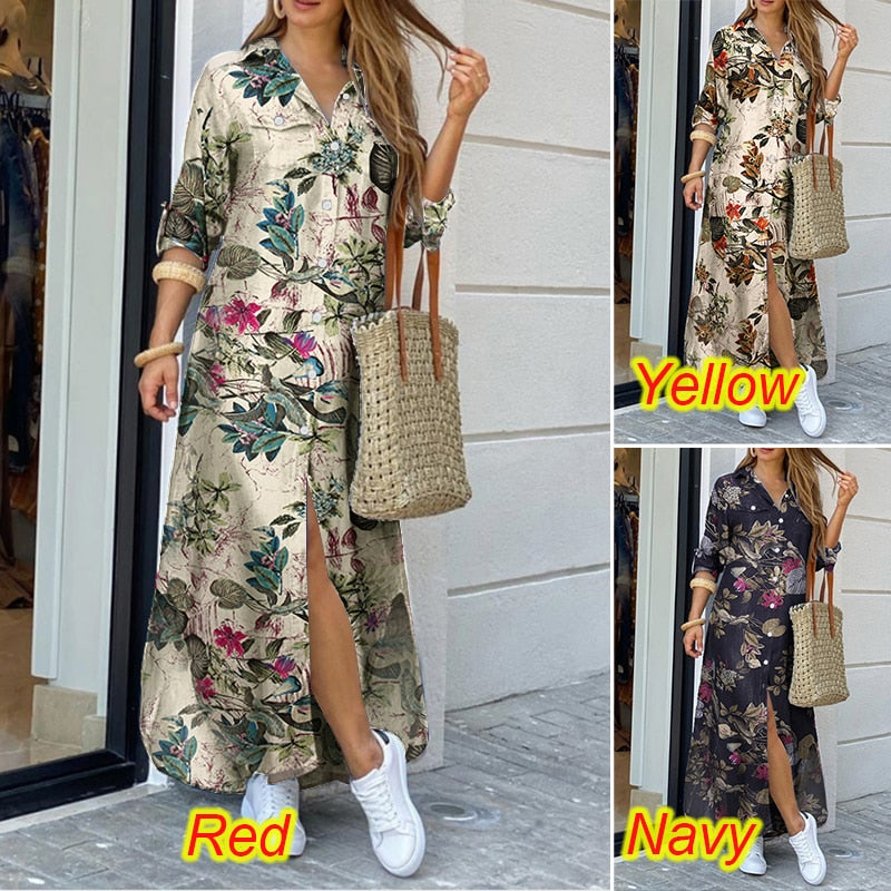 Robe à manches longues à carreaux, robe longue de plage, robe d'été élégante pour femmes, robe chemise longue boutonnée