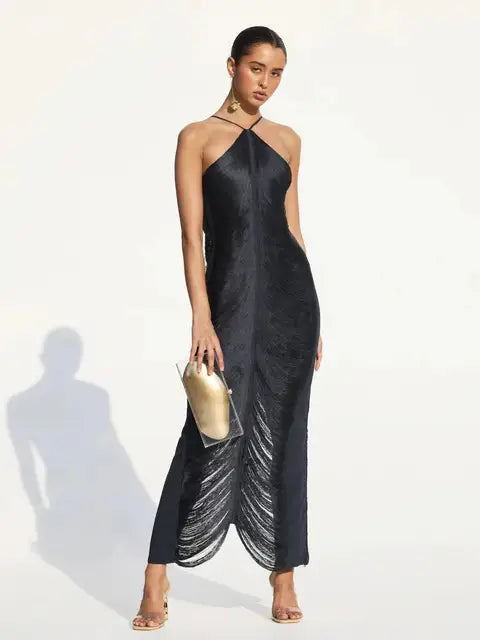 Robe longue dos nu à franges dorées et argentées pour femme, tenue moulante sexy sans manches, nouvelle collection élégante de soirée