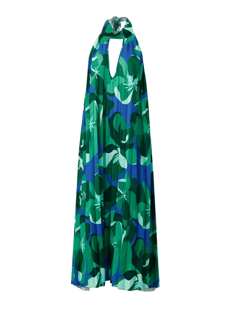 Robe sexy plissée à imprimé licou pour femme, ample, col en V, sans manches, dos nu, volants irréguliers, été