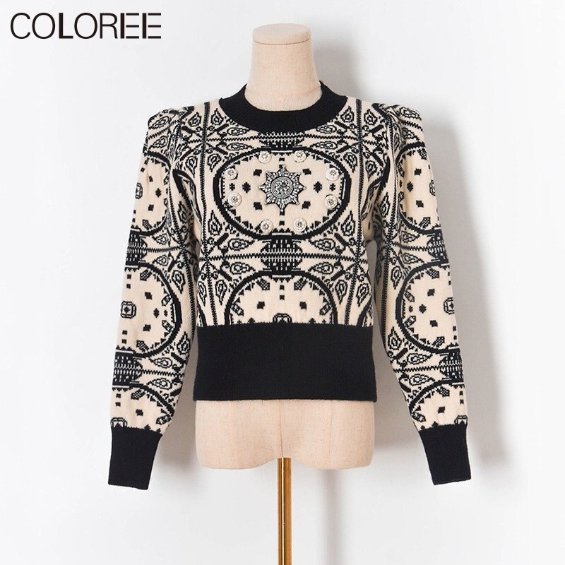 Pulls vintage en jacquard et perles pour femmes, mode automne-hiver, vêtements de créateurs