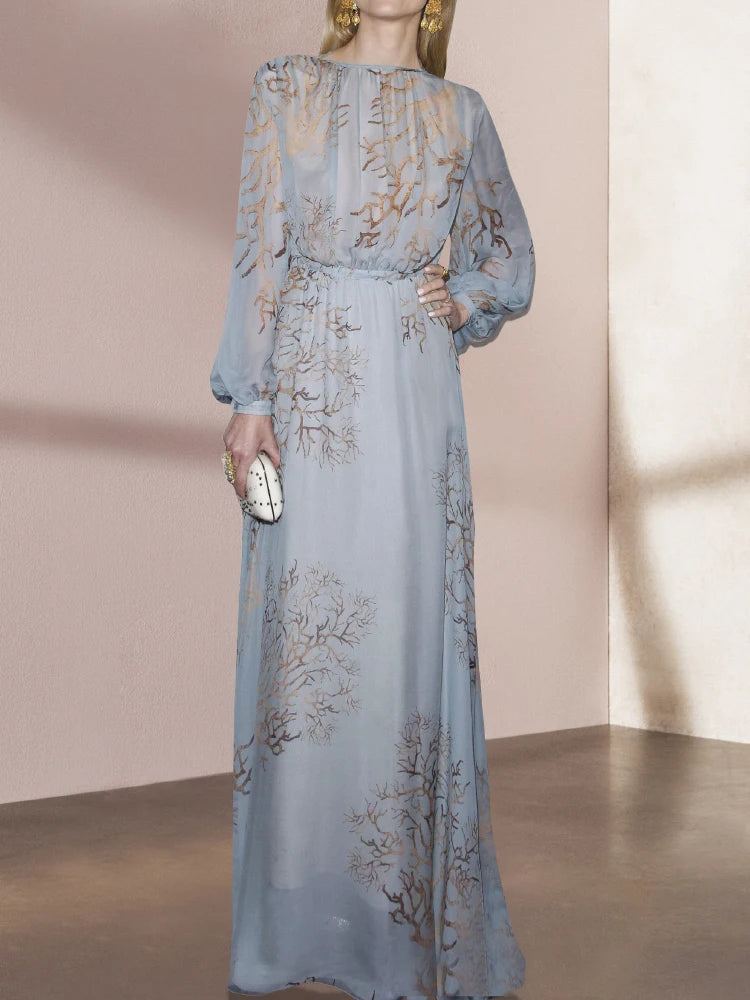 Robe d'été élégante pour femme, tenue de soirée élégante, taille haute, manches lanternes, bleu, impriméVestidos De Fiesta