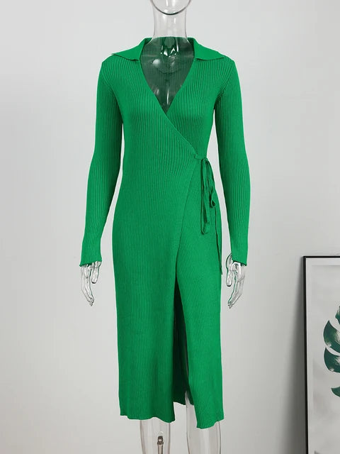Robe portefeuille fendue à col en V pour femme, en tricot, à lacets, côtelée, col polo, sexy, robes de soirée pour femmes, robe longue verte élégante pour l'automne