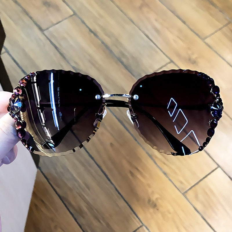 Lunettes de soleil tendance sans monture pour femmes, verres solaires de luxe à strass, style vintage, verres scintillants, verres UV400