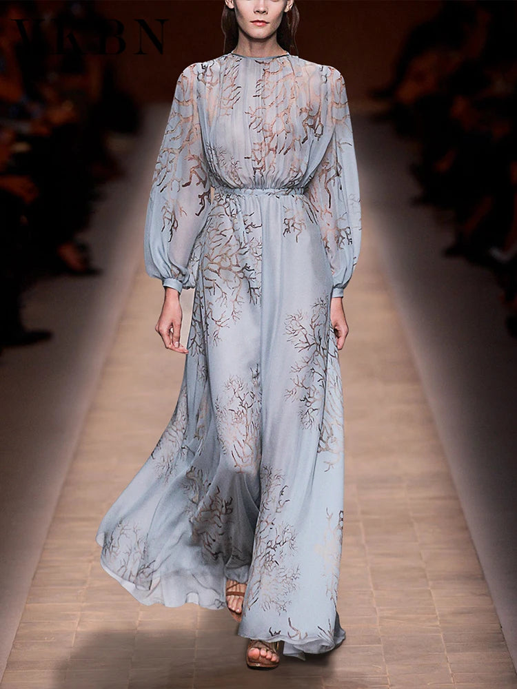 Robe d'été élégante pour femme, tenue de soirée élégante, taille haute, manches lanternes, bleu, impriméVestidos De Fiesta
