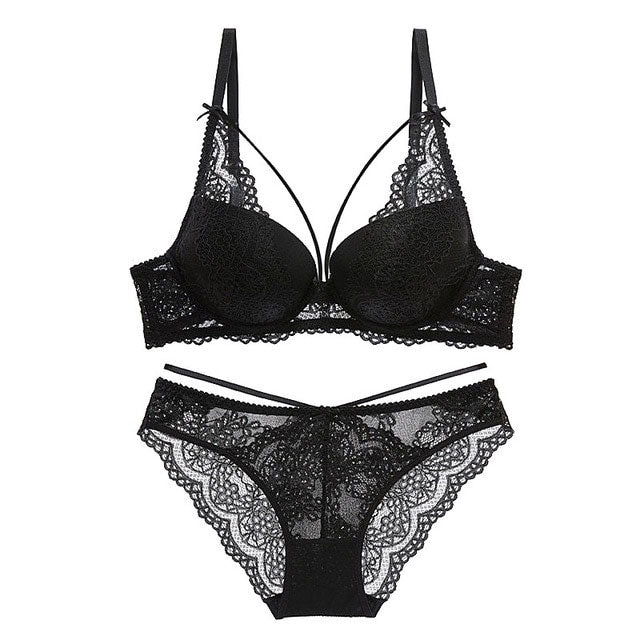 Ensemble de sous-vêtements verts pour femmes, soutien-gorge push-up, soutien-gorge en coton épais, noir, froncé, sexy, culotte, ensemble de lingerie en dentelle brodée