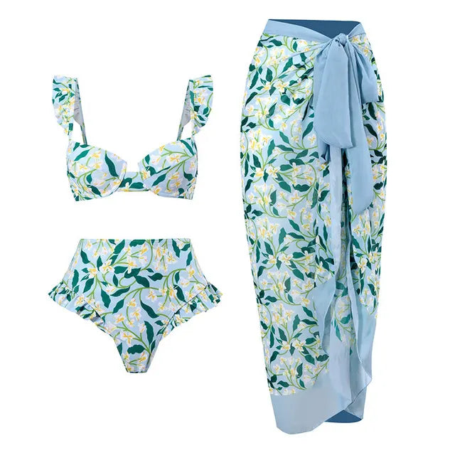 Maillot de bain bikini fendu imprimé vintage pour femme, ensemble sans bretelles, manches bouffantes, cache-maillot, jupe en mousseline de soie, pour la plage, piscine