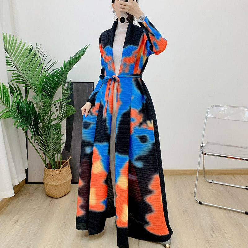 Robe cardigan plissée imprimée, robe à la mode, manteau polyvalent, jupe mi-longue rétro ample