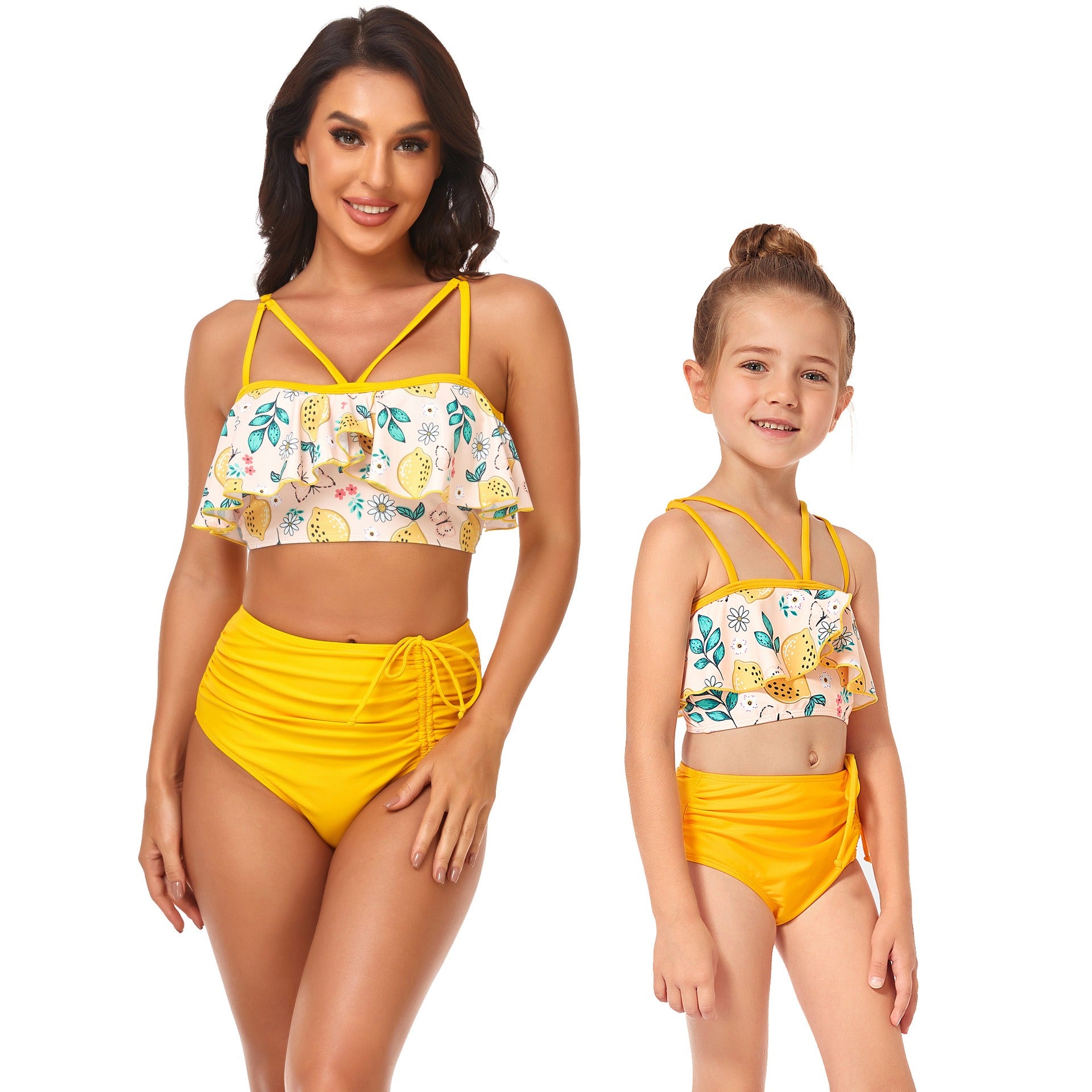 Maillot de bain taille haute mère et fille, avec cordon de serrage et volants, doublé, pour parents et enfants