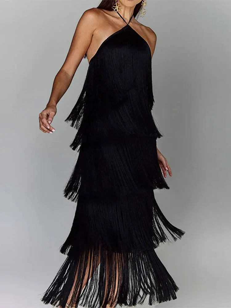 Robe longue à franges métallisées tendance, col licou, chic, sans manches, dos nu, lacets, slim, sexy, pour femme