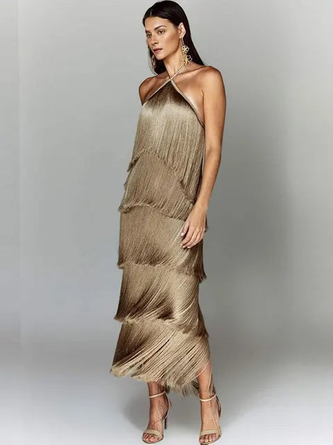 Robe longue à franges métallisées tendance, col licou, chic, sans manches, dos nu, lacets, slim, sexy, pour femme